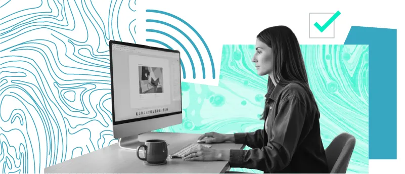 A woman sits at a desk using an iMac computer with wifi signals and a checklist checkmark in the background.