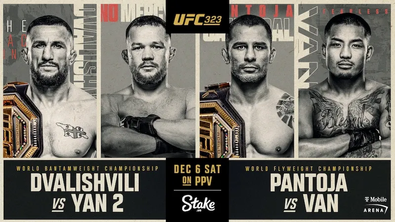 Promotional banner for UFC 323, featuring four fighters, two with championship belts.