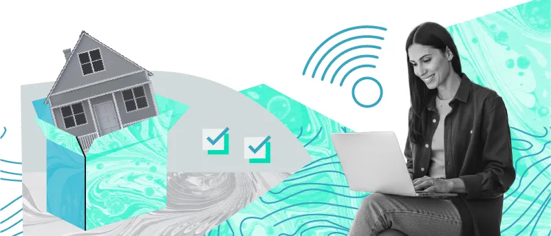 A woman sits using a laptop with wifi symbols and a house floating in the background, set against a teal and white marbled pattern.