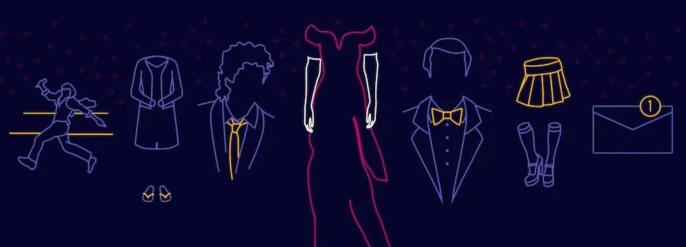 A header graphic featuring a collage of iconic line art outfits and symbols from 1990s romantic comedies.