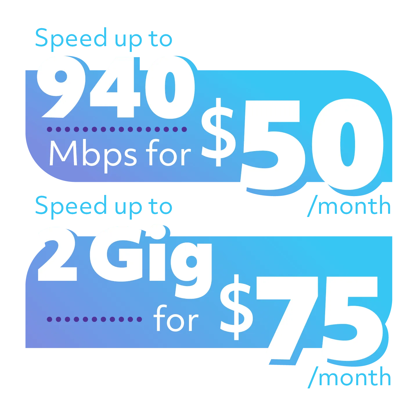 Speed up to 940 Mbps for $50 a month and Speed up to 2 Gig for $75 a month