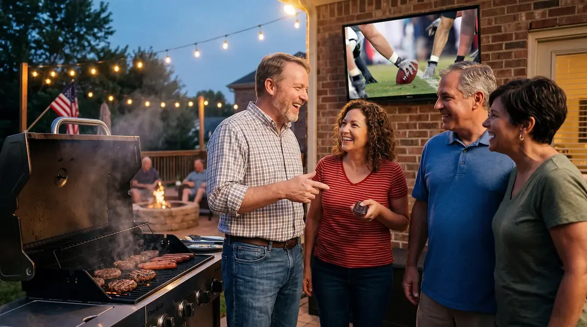 Friends grill burgers on a patio while watching football on an outdoor TV at dusk.