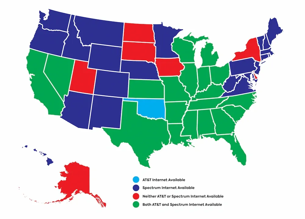 A map of the United States showing the availability of AT&T and Spectrum internet service by state, with a legend indicating blue for AT&T, dark blue for Spectrum, red for neither, and green for both.