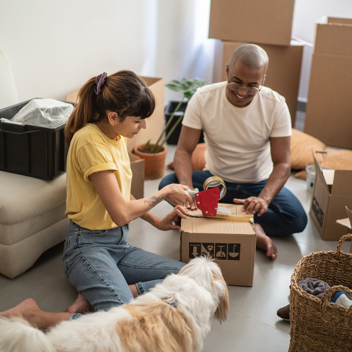 A young couple packing up their home