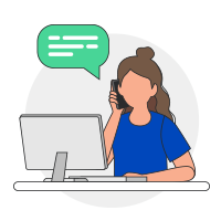 Illustration of woman talking on home phone while working on the computer.