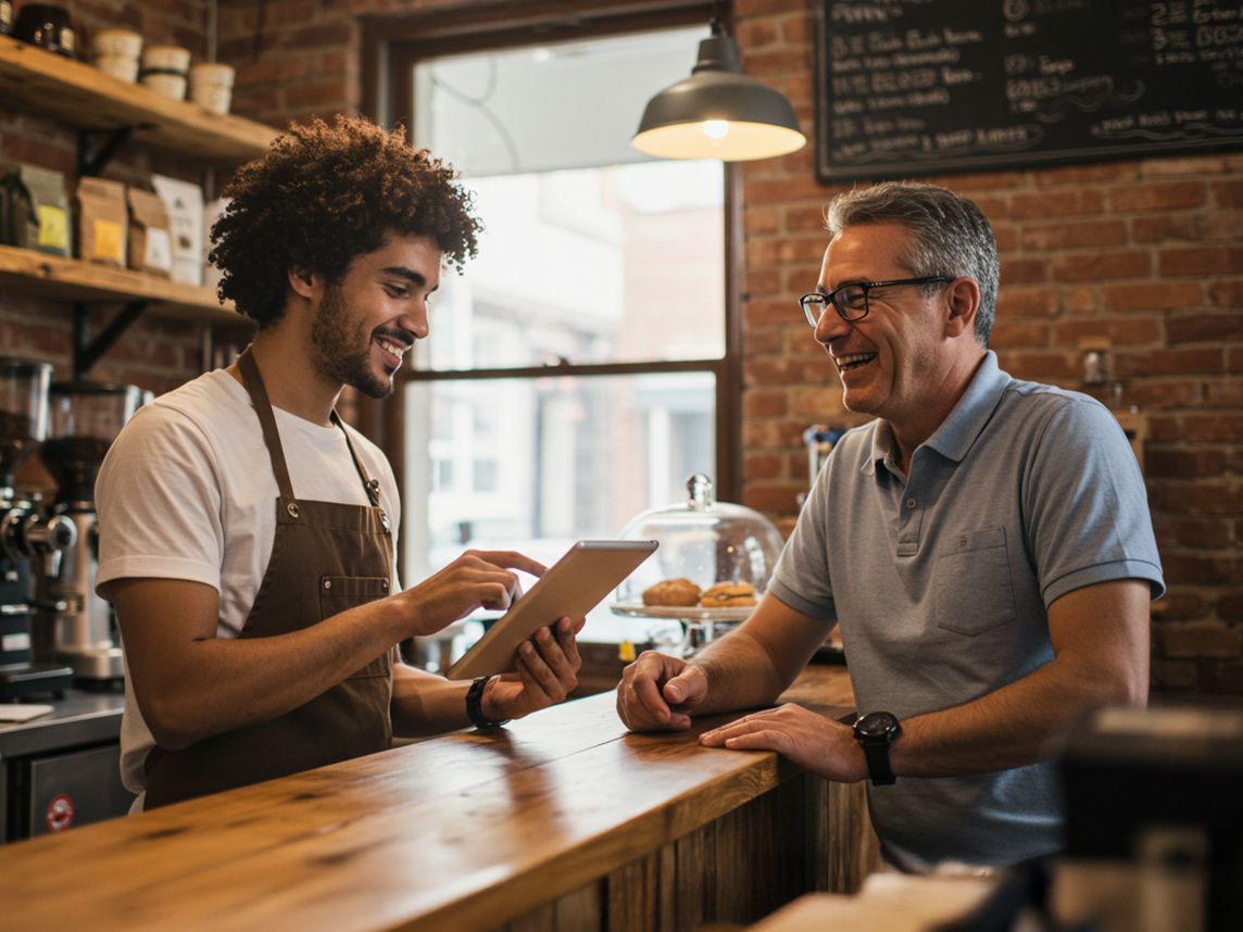 Small business owner talks with customer.