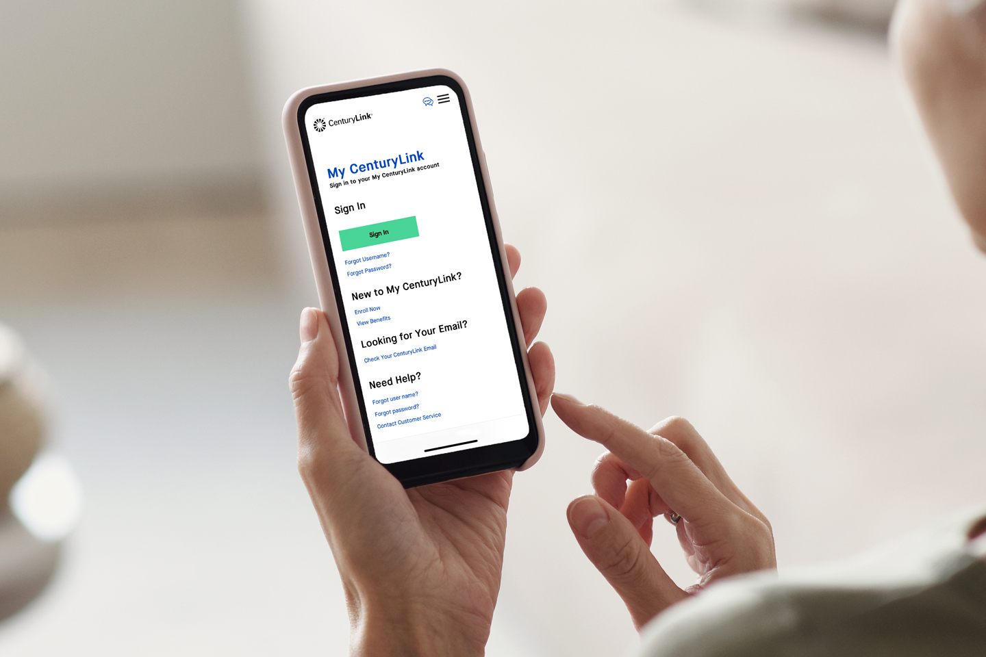 Person viewing the Centurylink app on a smartphone
