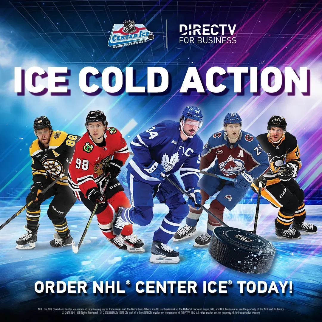 Five professional hockey players from different teams (Boston Bruins, Chicago Blackhawks, Toronto Maple Leafs, Colorado Avalanche, and Pittsburgh Penguins) stand over a large hockey puck. The text "ICE COLD ACTION," "NHL CENTER ICE," and "DIRECTV FOR BUSINESS" is prominently displayed against a blue and purple ice-themed background.