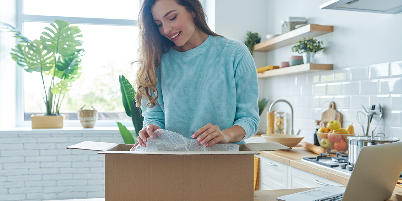 Woman in kitchen with laptop, opening a package