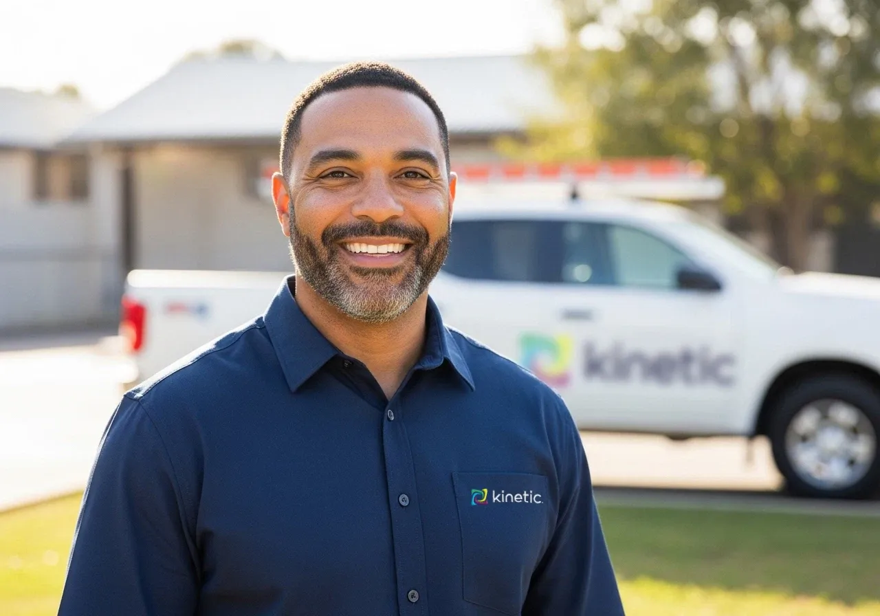 A smiling service technician wearing a Kinetic uniform standing in front of a branded company truck.