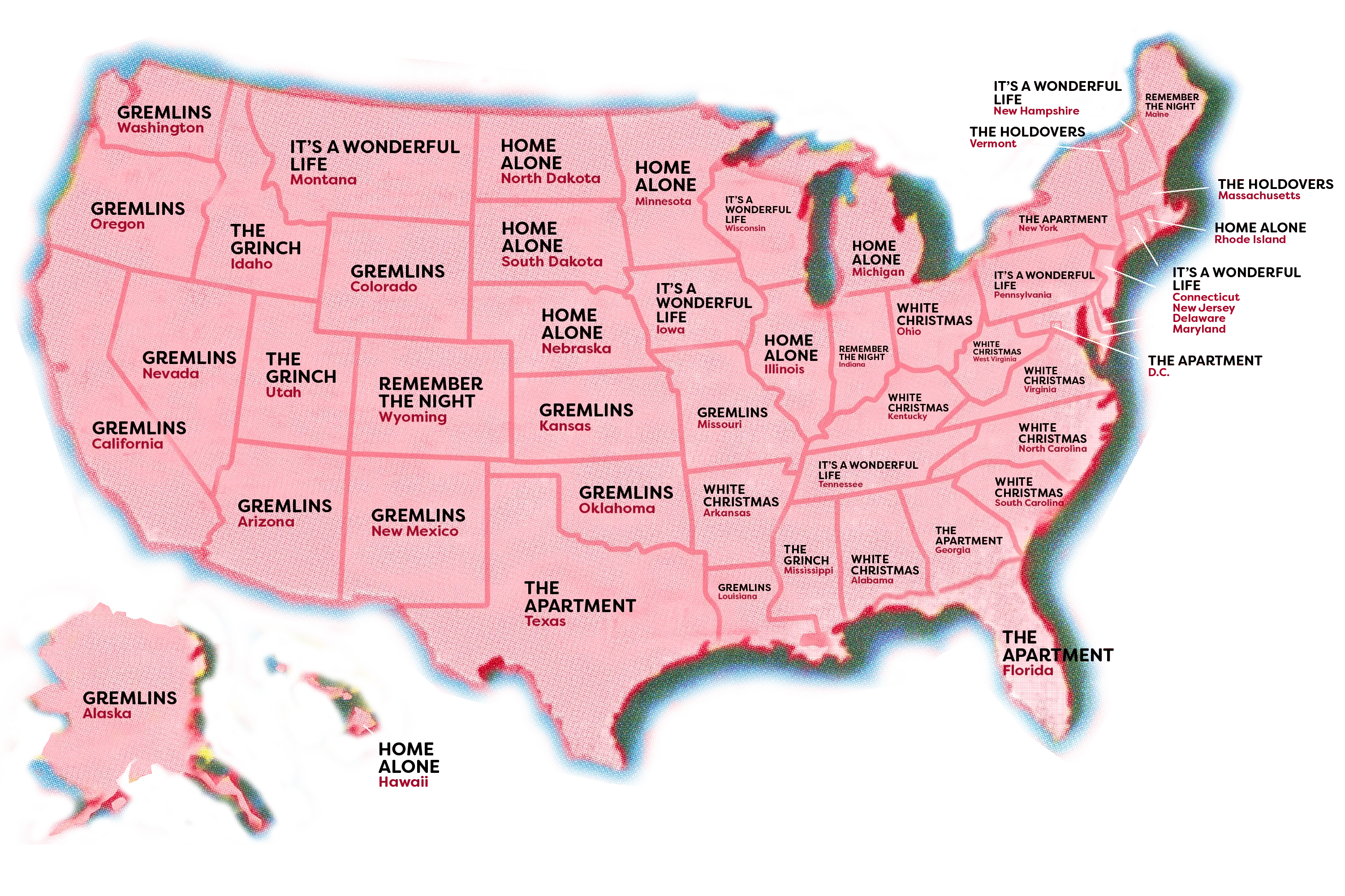 A map representing each US states favorite Christmas movie from the passed decades.