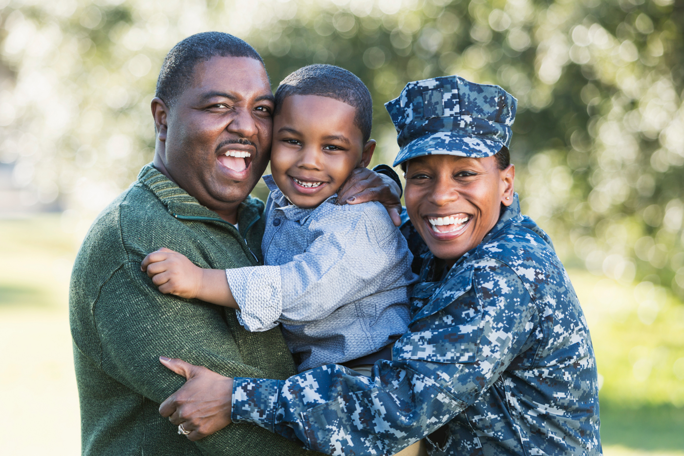 African American Family, with Mom and wife in Navy, Military blue camoflauge