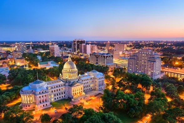 Jackson, Mississippi capitol building at dusk