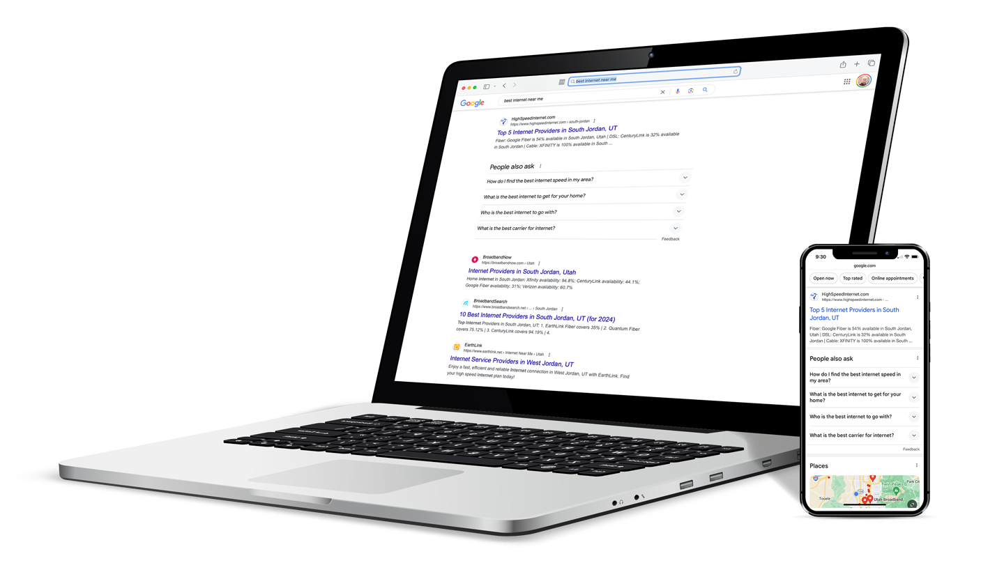A laptop showing results for a search of "best internet near me"