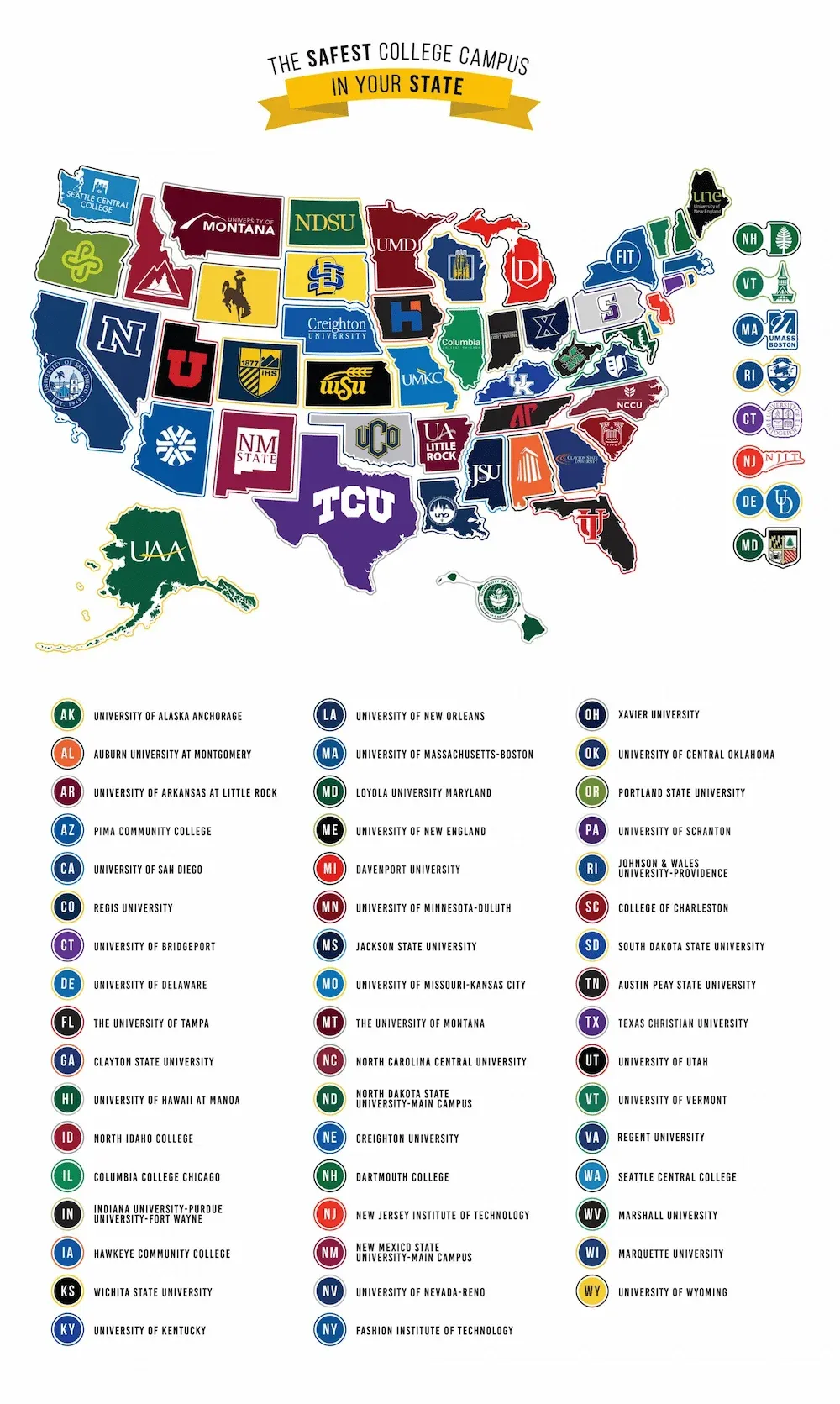 A U.S. map infographic identifying the safest college campus in each state.