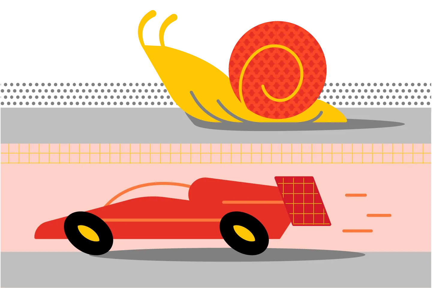 Illustration of a snail and a racecar.