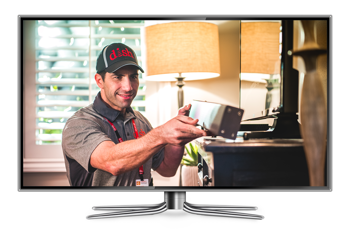 TV with image of man installing DISH service
