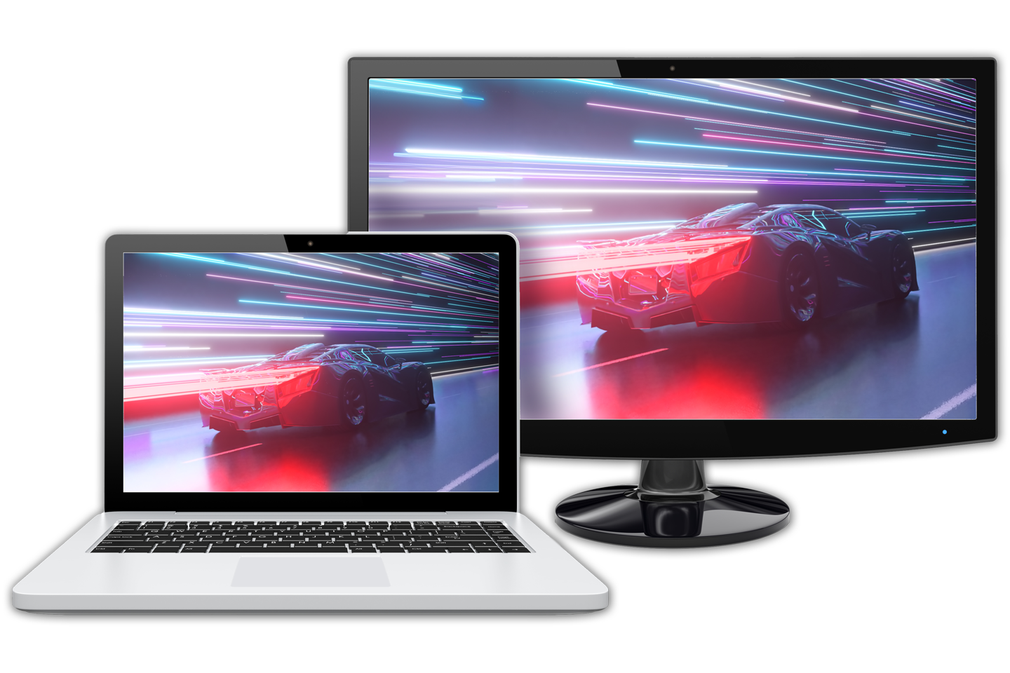 Laptop and TV streaming a movie with a super fast car