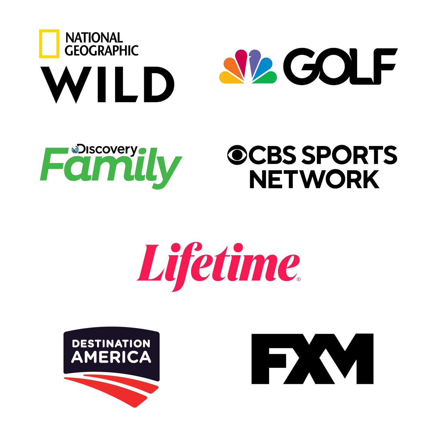 DTV ultimate package channels, National Geogrphic Wild, GOLF, Discovery Family, CBS sports network, Lifetime, Destination America, FXM logos.