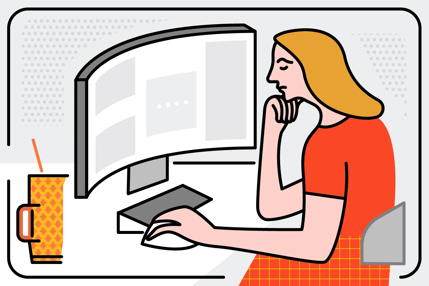 Illustration of a woman working from home, and waiting for a site to load due to high latency.