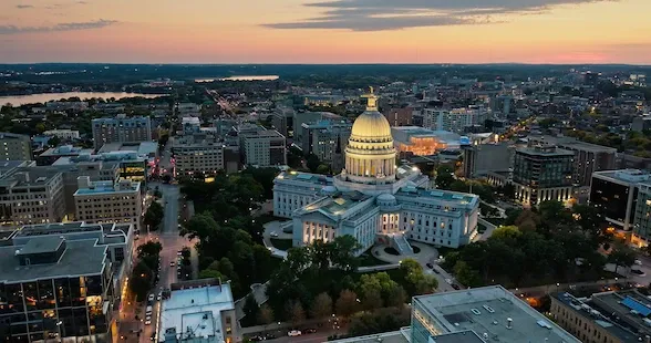 Madison, Wisconsin state capitol at sunset