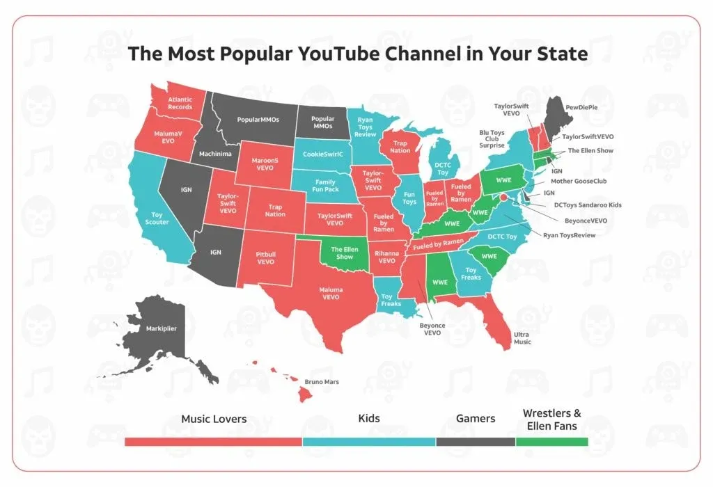 Each States favorite Youtube channel map