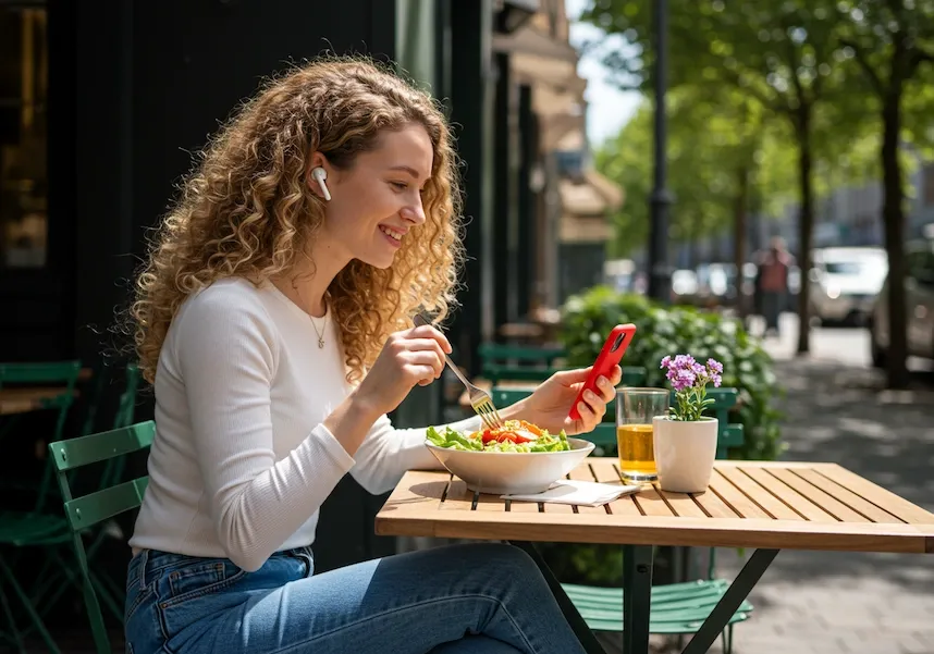 a blond woman streaming tv show on phone outside