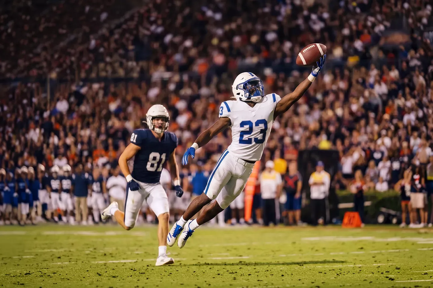 Action shot of player catching the ball during football game