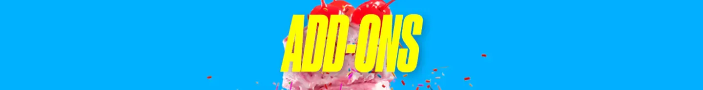 An image of ice cream covered in toppings and then overlayed with the word "ADD-ONS".