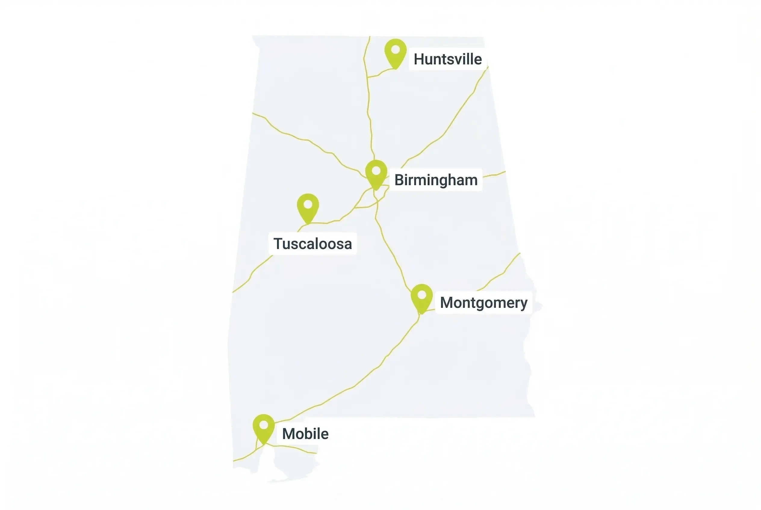 Map of Alabama highlighting the locations of Huntsville, Birmingham, Tuscaloosa, Montgomery, and Mobile connected by major roadways.