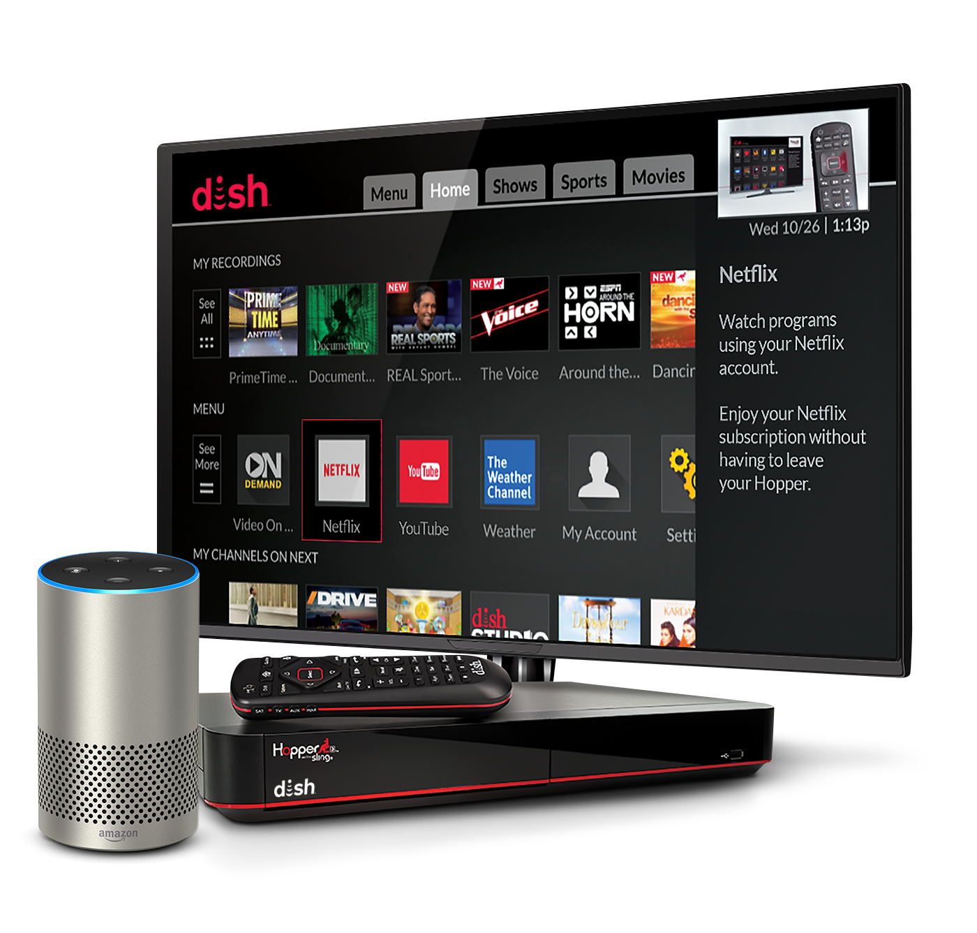 DISH hopper, tv and alexa