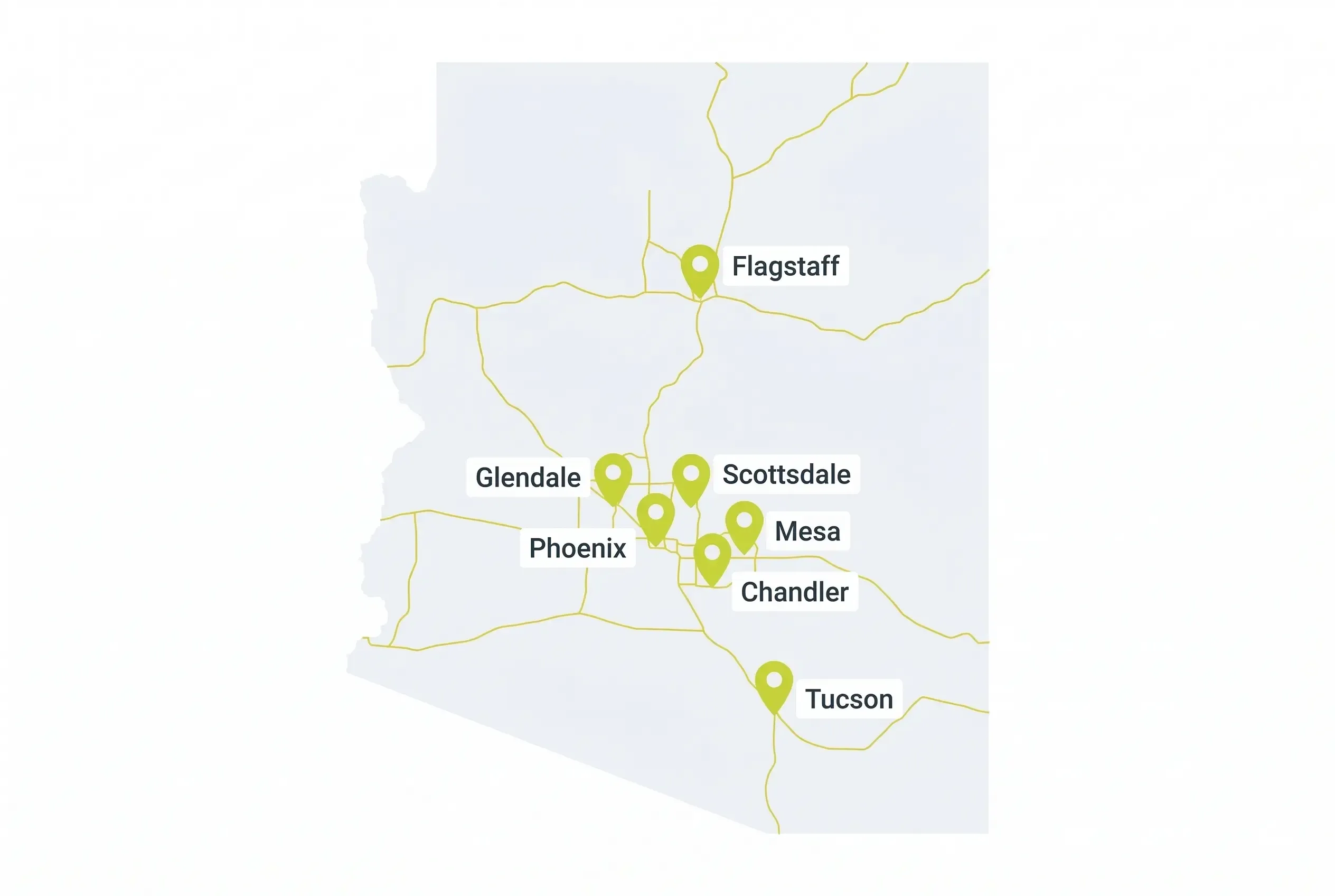 A simplified map of Arizona showing major highways in gold and green location pins marking the cities of Flagstaff, Glendale, Scottsdale, Phoenix, Mesa, Chandler, and Tucson.
