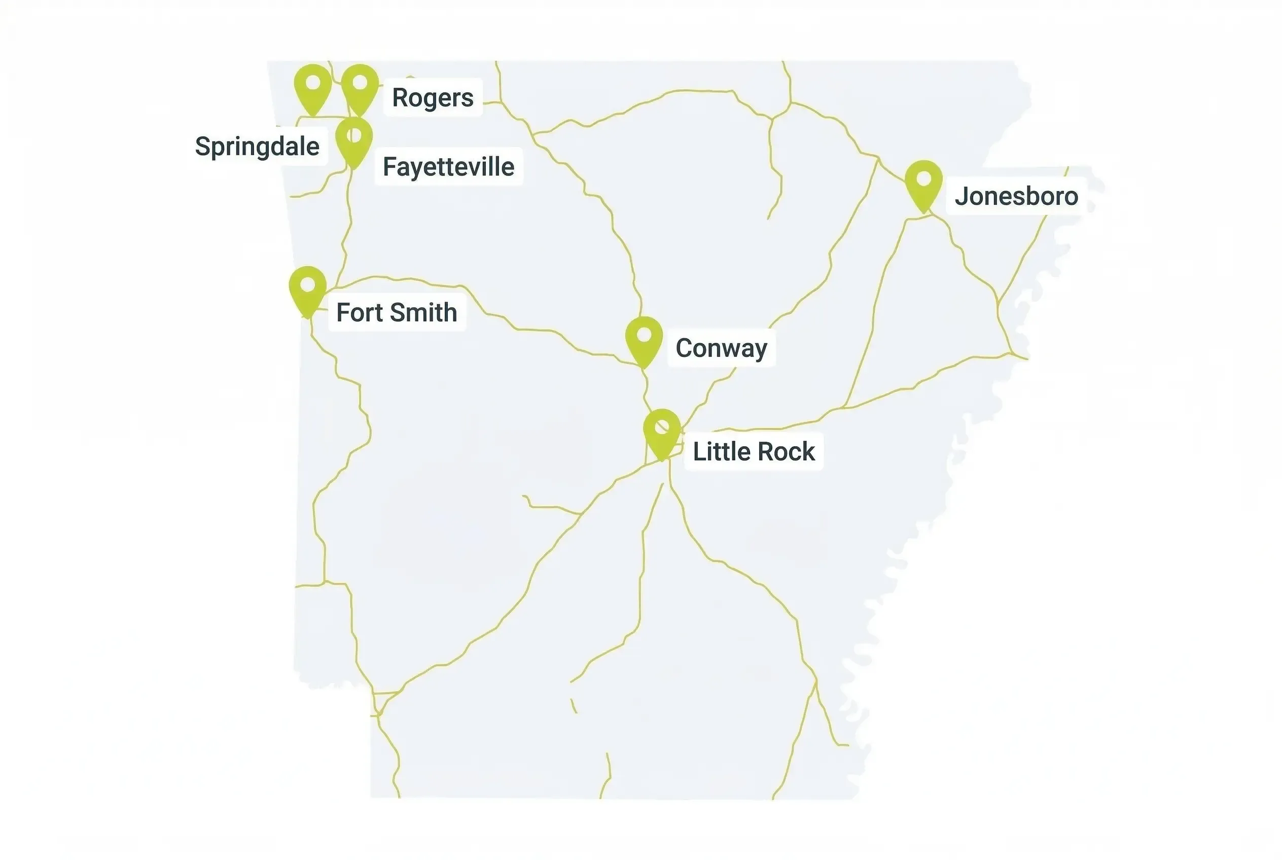 A simplified map of Arkansas highlighting major highways with gold lines and green location pins marking Springdale, Rogers, Fayetteville, Fort Smith, Conway, Little Rock, and Jonesboro.