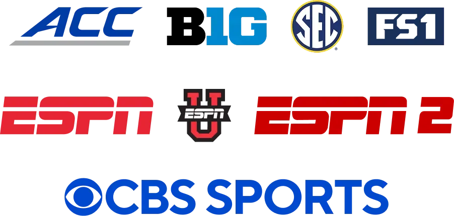 A collection of logos for sports networks and conferences, including ACC, Big Ten, SEC, FS1, ESPN, ESPNU, ESPN2, and CBS Sports.