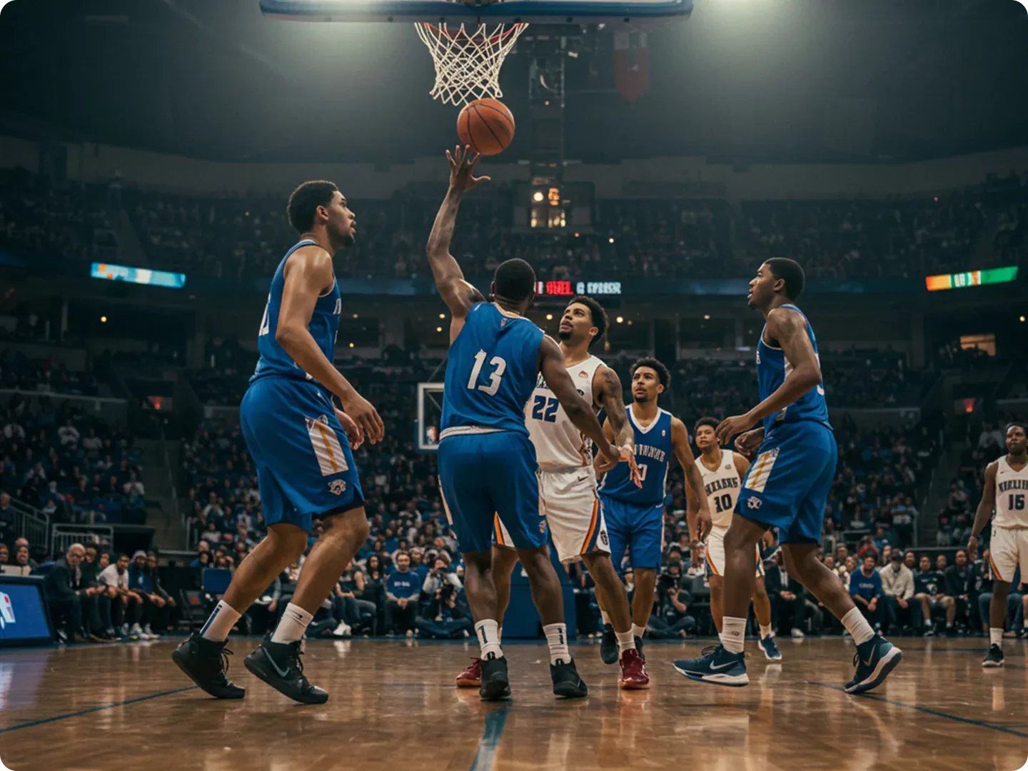 Basketball team wearing blue jerseys play game