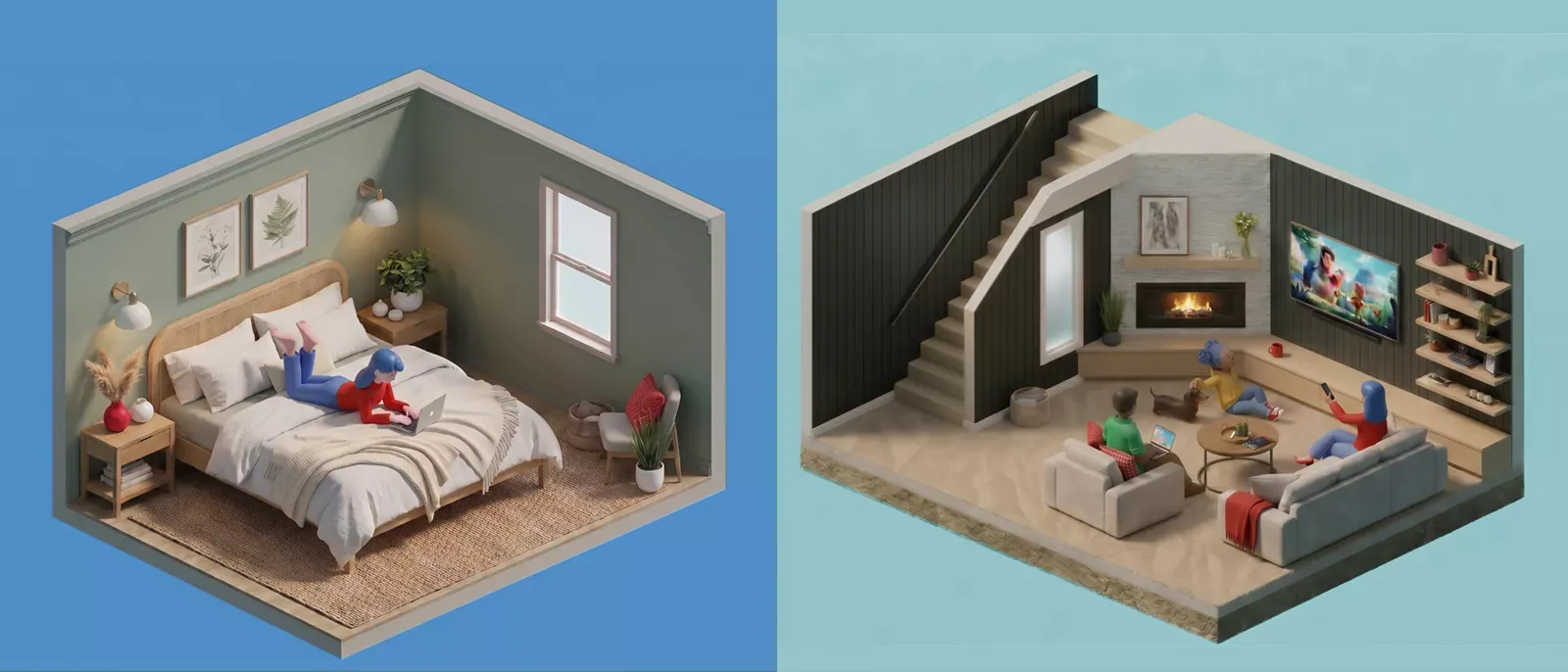 Isometric 3D view showing a cozy bedroom on the left and a basement lounge area on the right.