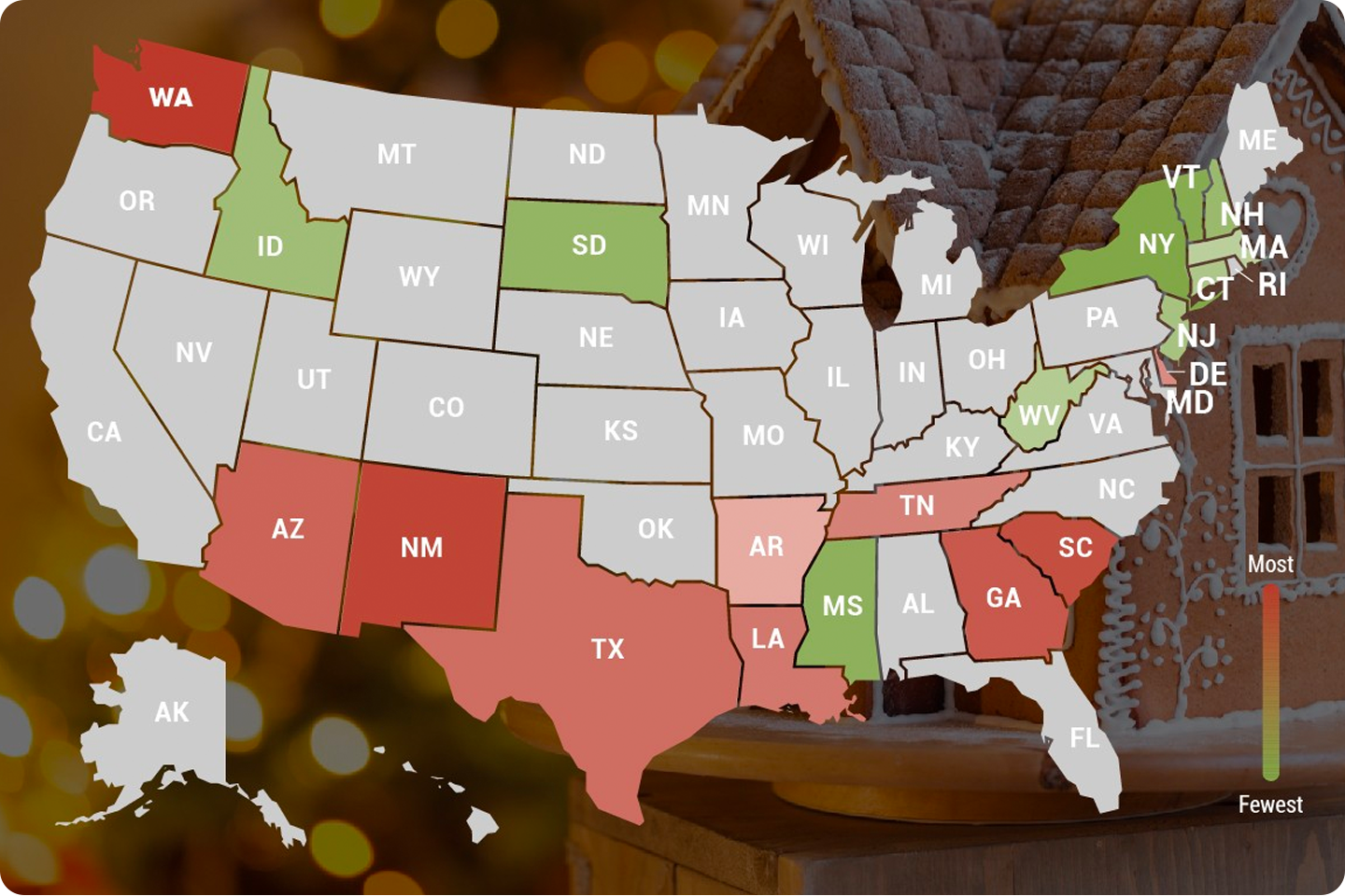 map showing the safest and least safe states for holiday theft