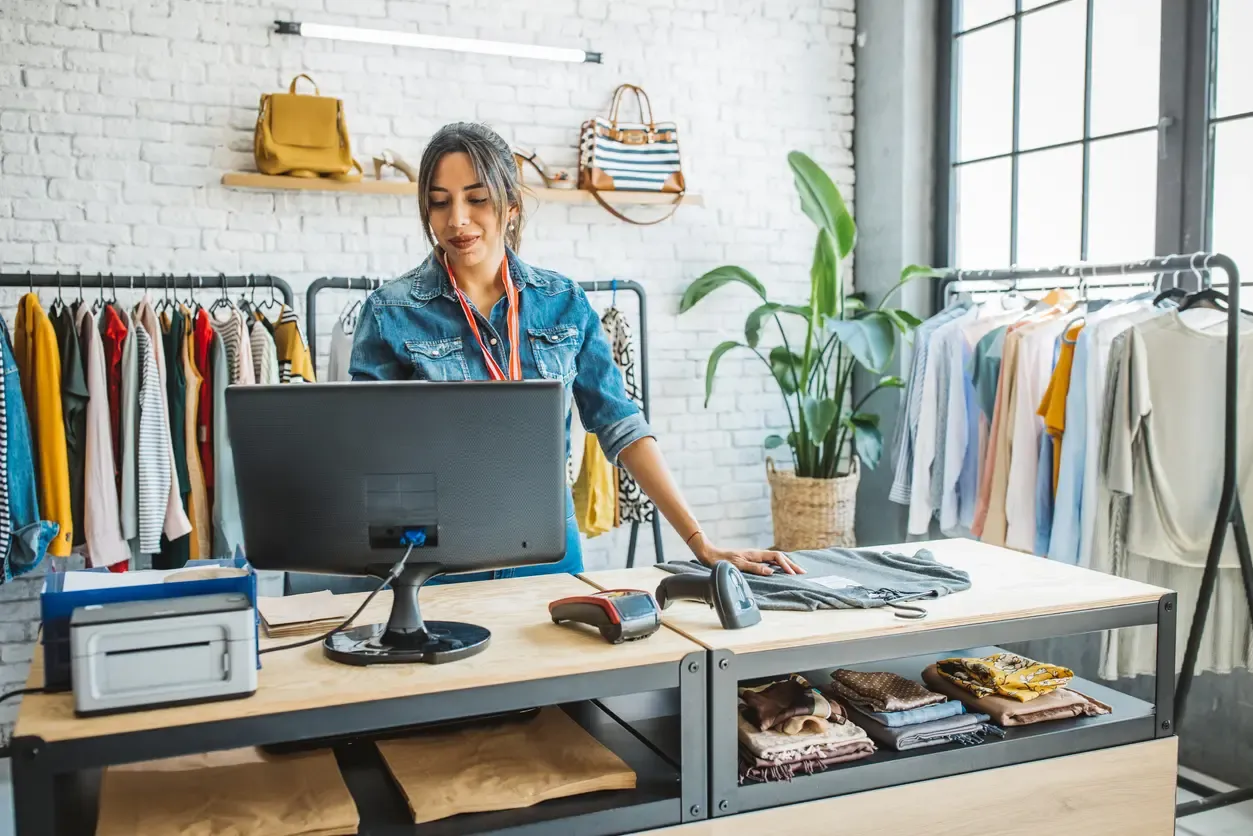 A female retail associate in a denim jacket works at a checkout counter in a clothing boutique