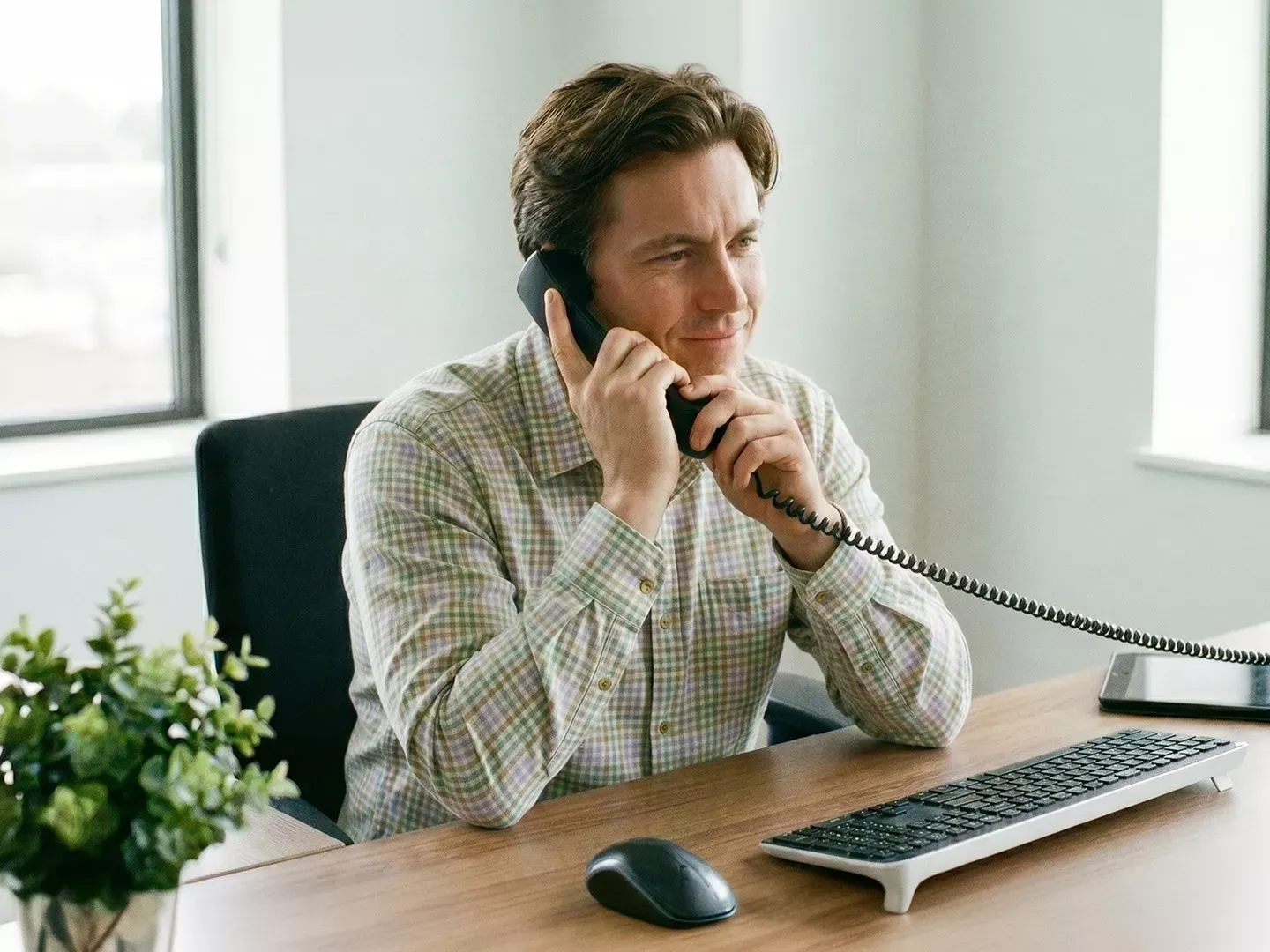 A man in a plaid shirt smiling while talking on a corded office telephone at his desk.
