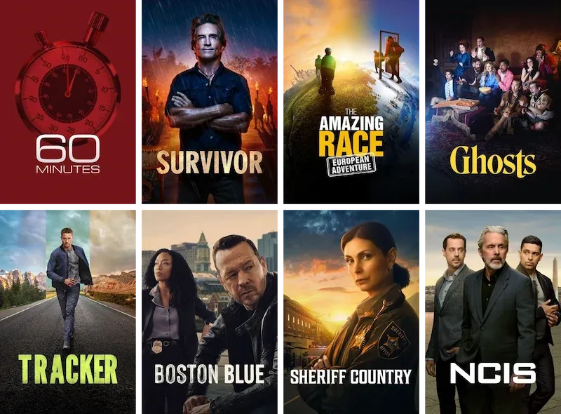 A grid of promotional posters for CBS television shows including 60 Minutes, Survivor, Ghosts, Tracker, and NCIS.