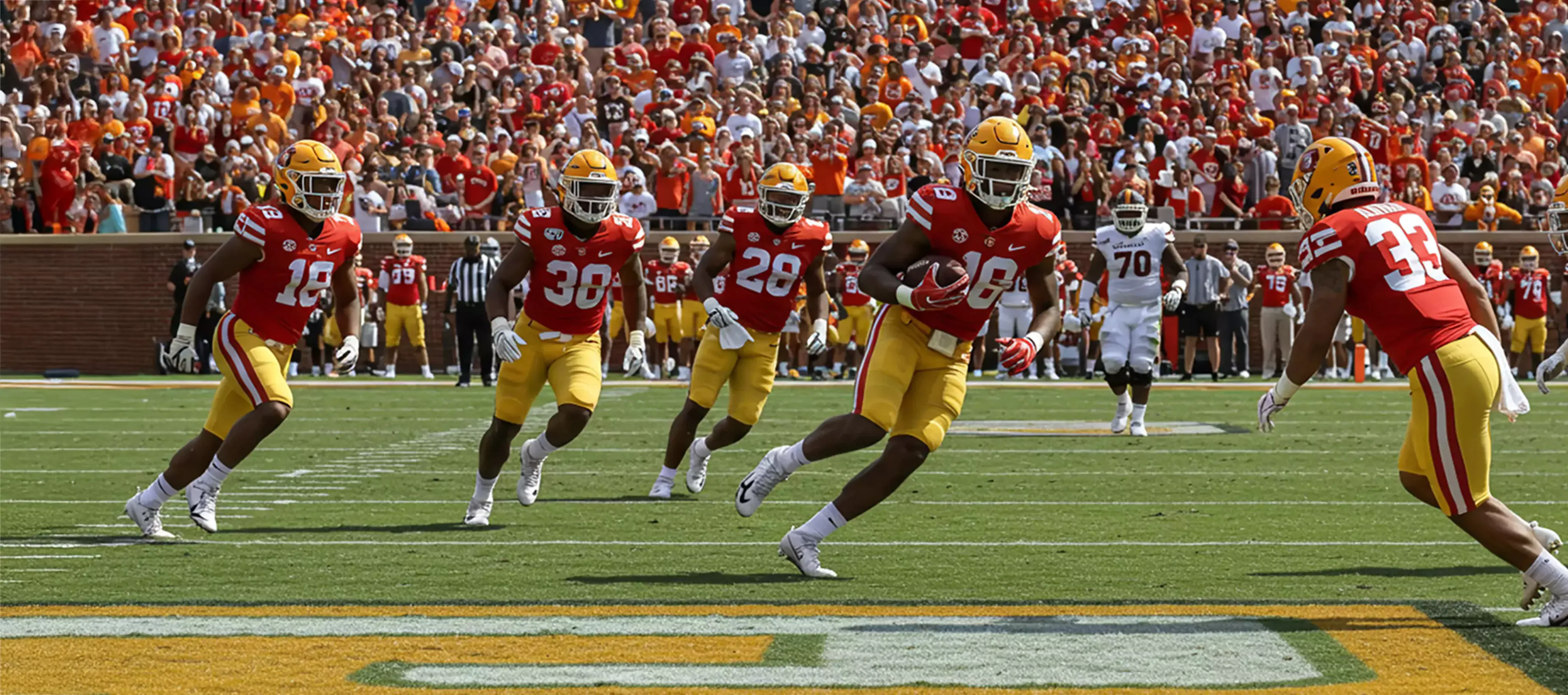 Closeup of college football game.