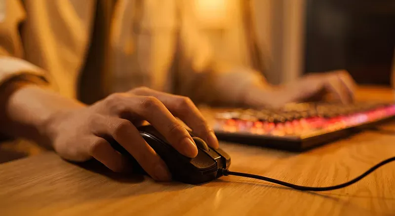 Closeup of hand on mouse and keyboard in the background