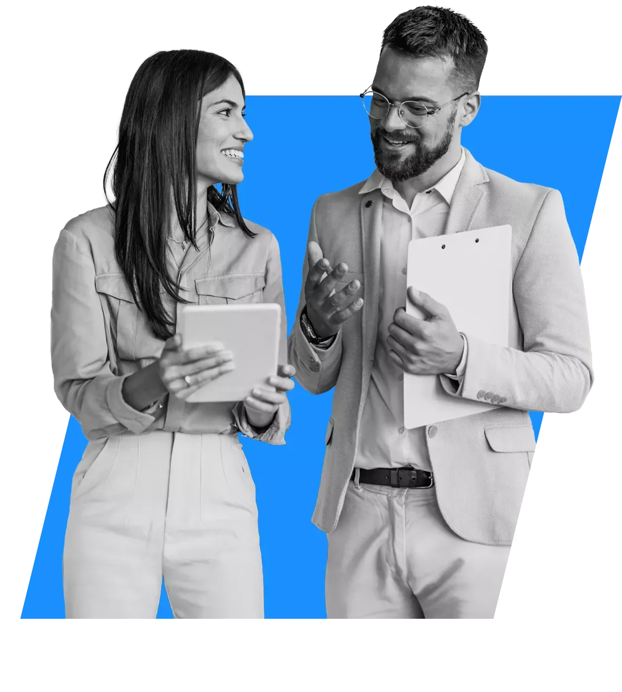 woman and man looking at a tablet