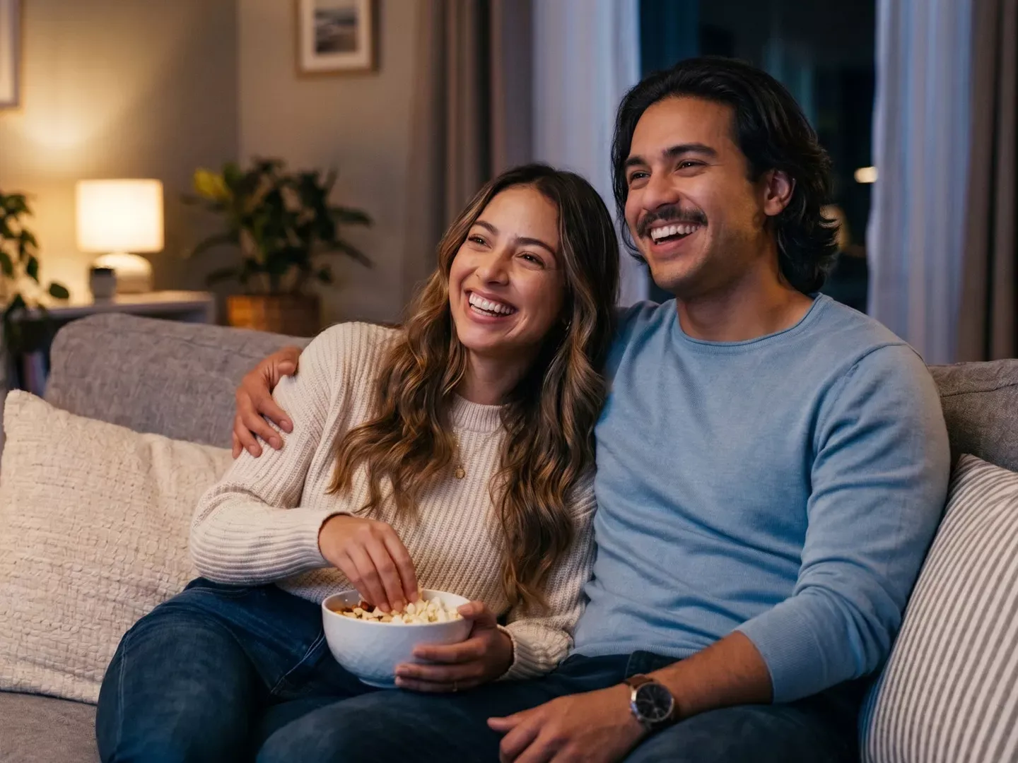 Una pareja joven y feliz riendo y comiendo palomitas mientras están sentados en un sofá viendo la televisión.
