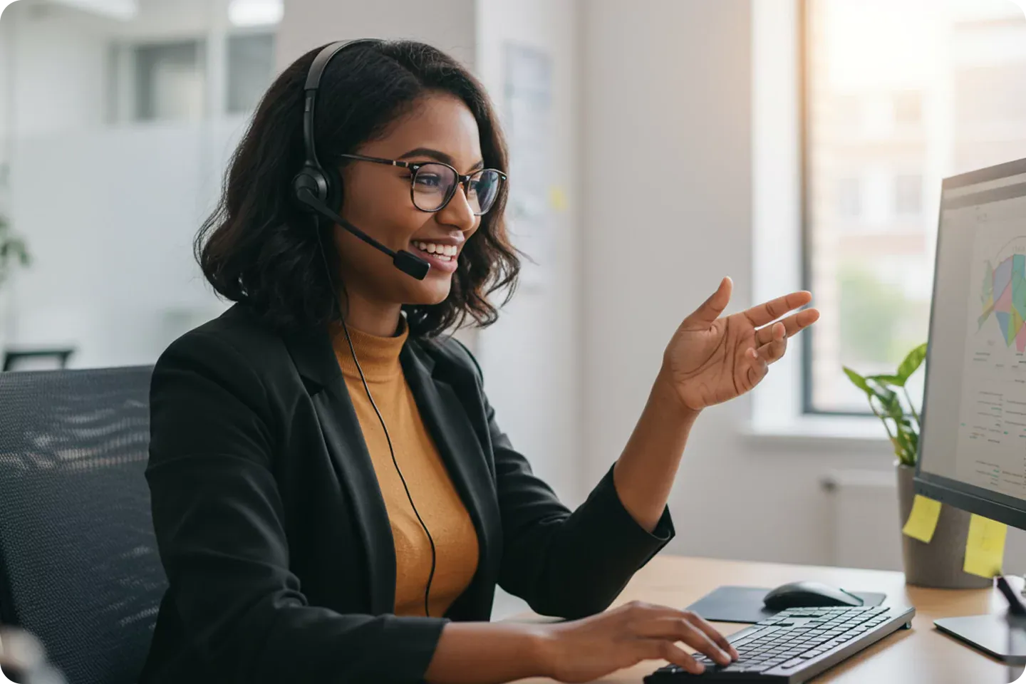 Customer service agent helping sold problems over the phone.