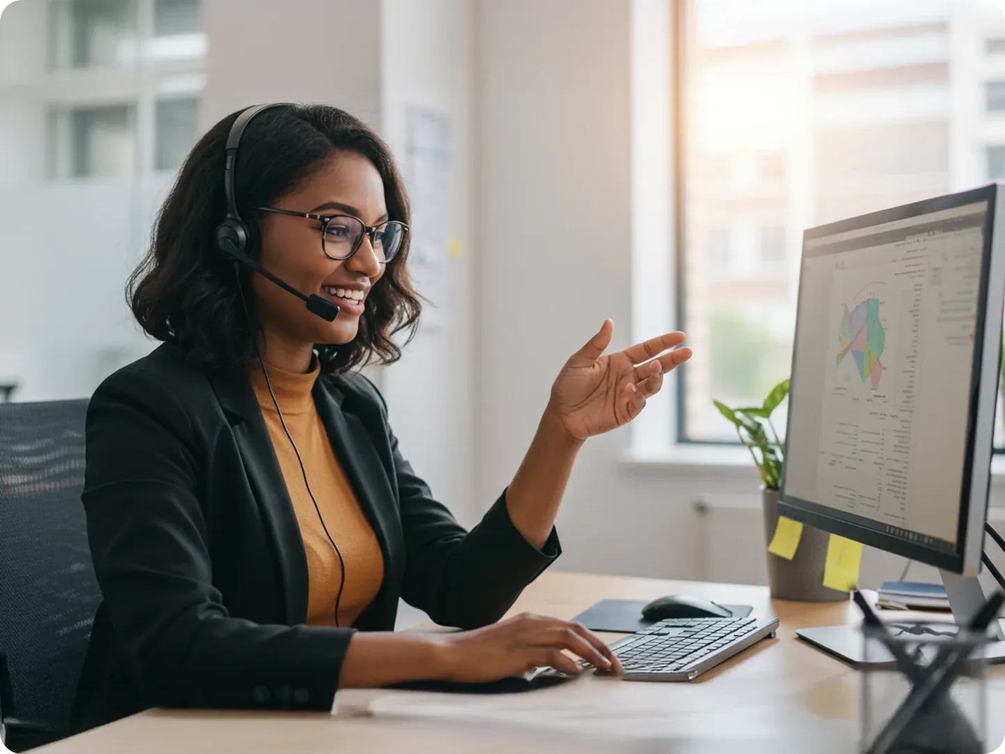 Customer service agent helping sold problems over the phone.