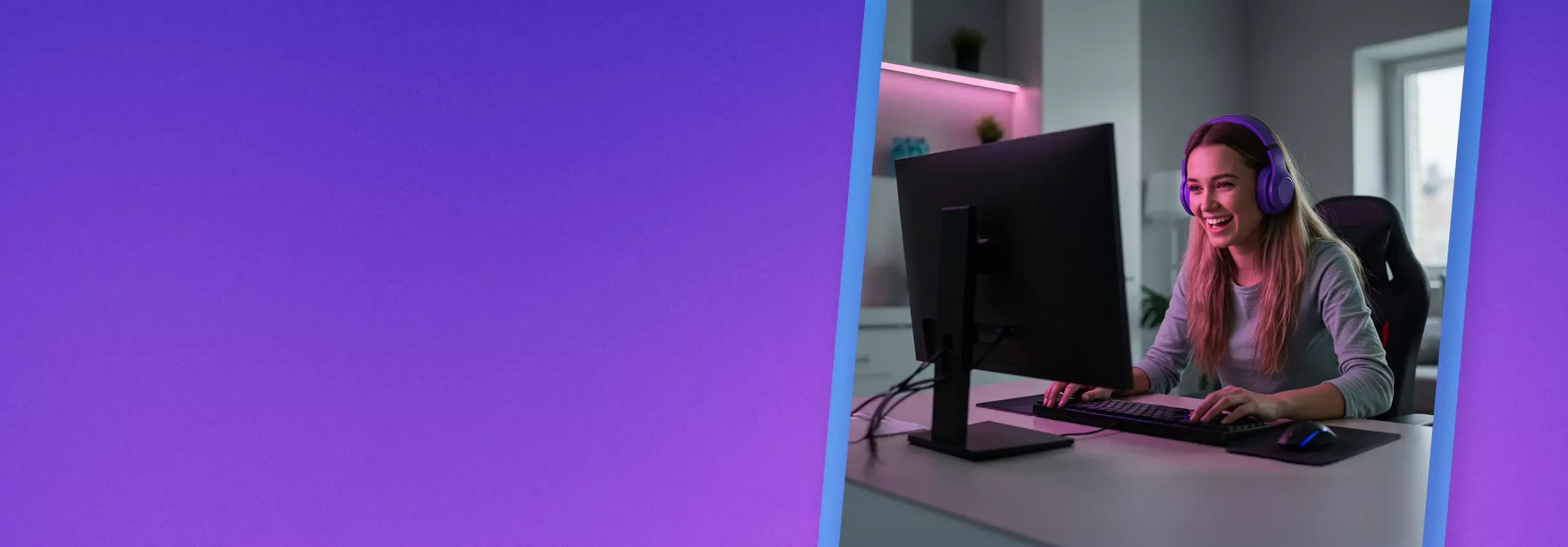 Woman games inside purple glowing apartment