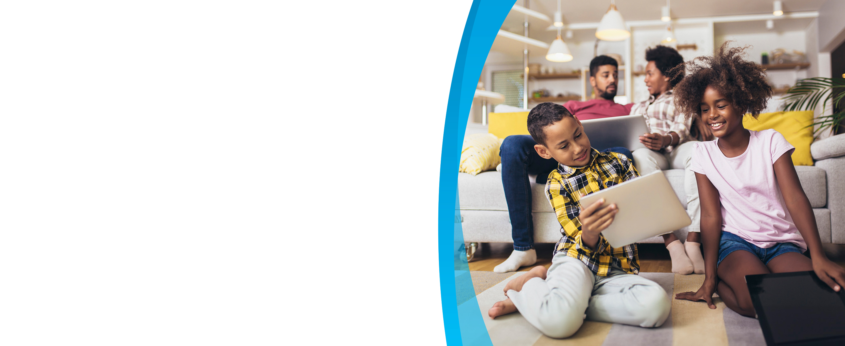 Happy family uses fast fiber internet at home.