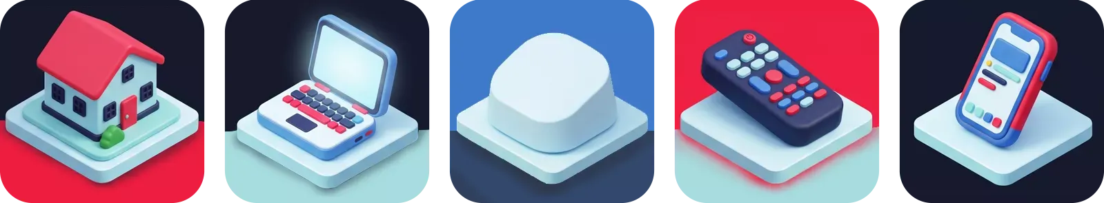 Set of five 3D isometric icons representing smart home devices, including a house, laptop, router, tv remote control, and smartphone.