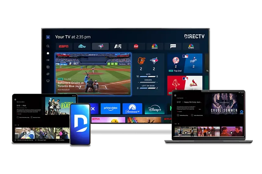 The DIRECTV interface displayed across a television, laptop, tablet, and smartphone.